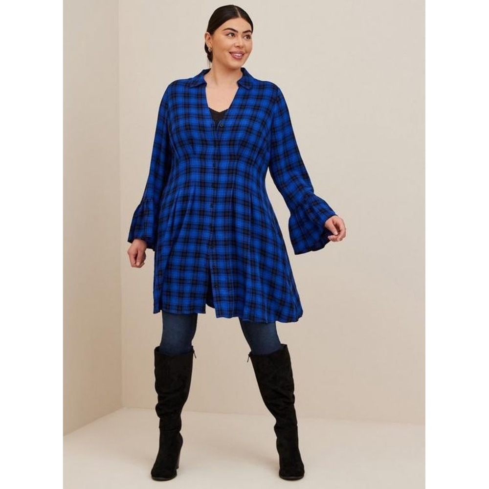 Torrid Tunic Womens 2 Blue Plaid Bell Sleeve Button Down EUC
